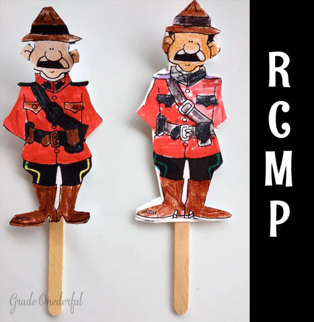 Grade Ones coloured paper RCMP characters and glued them to craft sticks for a stick puppet.