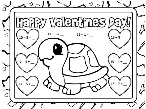 Valentine subtraction sheet with hearts and a turtle. For Grade 1.