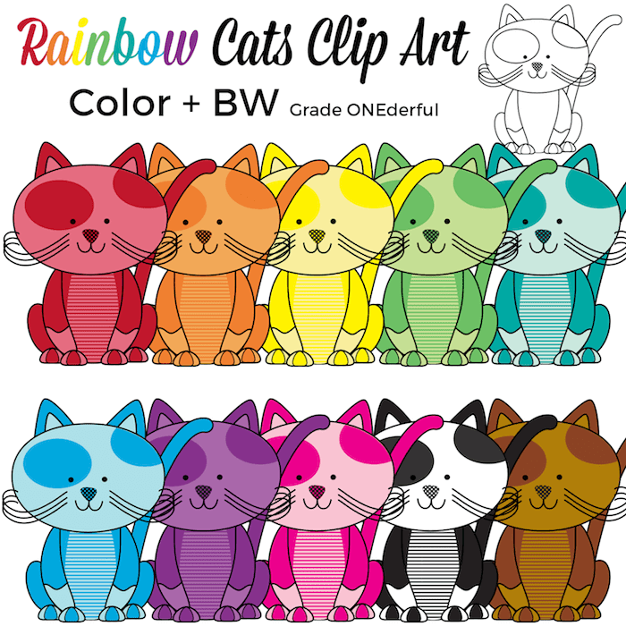 Rainbow Cats Clip Art plus a FREE cat coloring page. Super cute! Be sure to check them out.