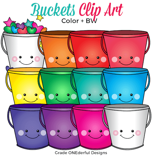 Rainbow buckets, hearts and stars clip art.