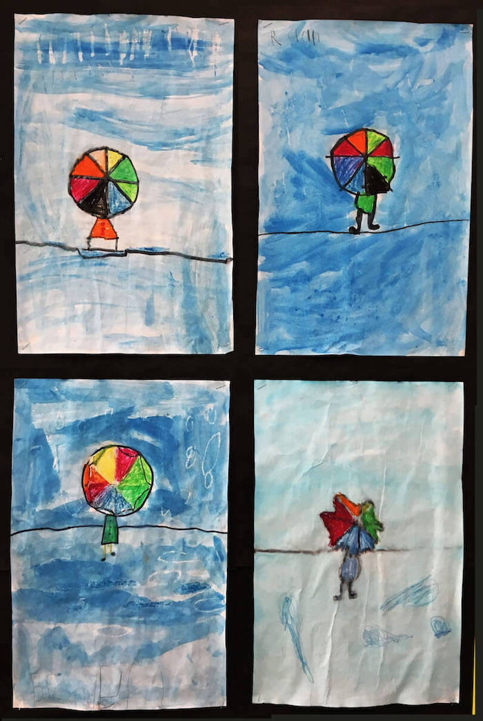 Spring Gallery Art: Rainy Day paintings by a 1st Grade Class