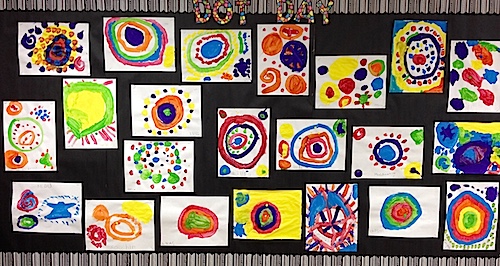 A collection of dot paintings by Grade 1 students in celebration of International Dot Day.