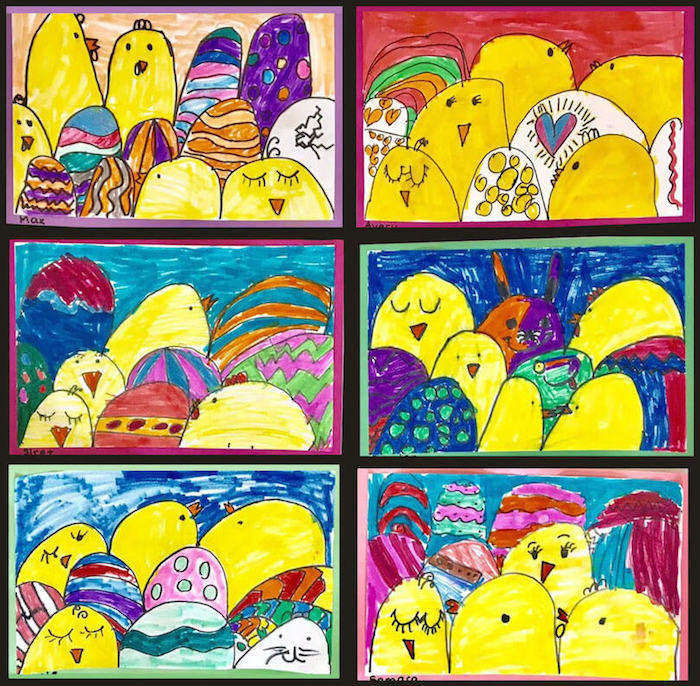 Spring Gallery Art: Eggs and Chicks Art by a 1st Grade Class