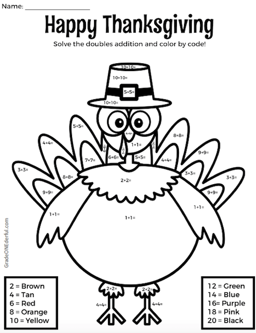 Color by Number Turkey: Doubles Addition. Free printables for Thanksgiving. Includes a coloring page of a turkey and a harvest theme.