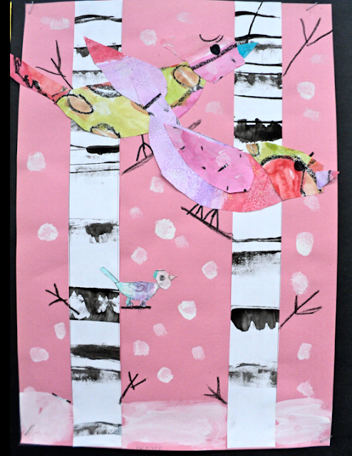 Directions for snowy birds artwork by Grade 1 students. Snowballs book review and follow-up activities. #snowballs #bookreview #kidsbooks #snowartforkids