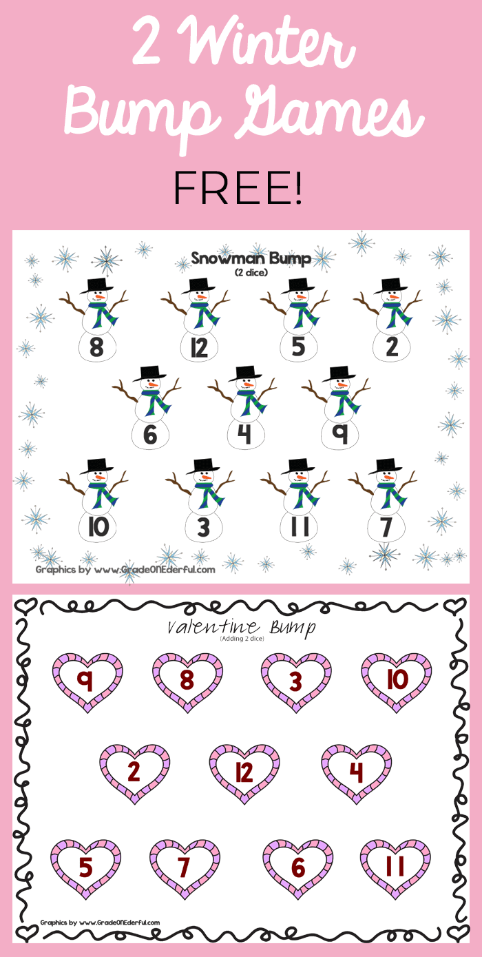 Two free bump games for Grade 1 math. Snowman Bump and Valentine Bump. Addition to 12.