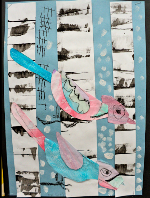 Directions for snowy birds artwork by Grade 1 students. Snowballs book review and follow-up activities. #snowballs #bookreview #kidsbooks #snowartforkids