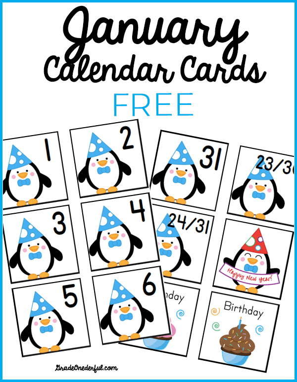 Free pocket chart calendar cards for January, featuring Happy New Year Penguins clip art.