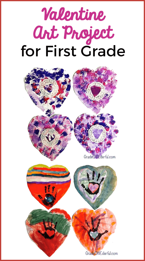 Easy and beautiful Valentine Art made by Grade 1 students. The first set is painted with watercolours and a black handprint. The second set is sponge painted and includes a doily. These were easy and fun to make! GradeONEderful.com