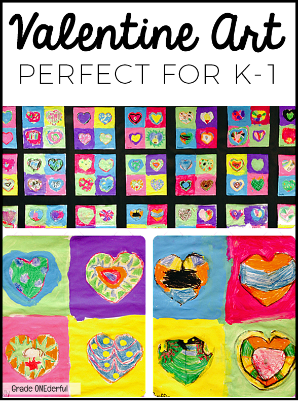 Valentine paintings in a Pop Art style by grade one students. Hearts drawn with oil pastel and painted with tempera.