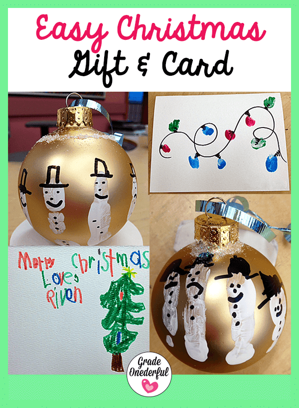 A snowman ornament DIY gift and DIY Christmas card with fingerprint light bulbs.