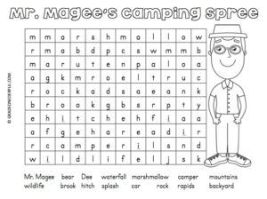 A word search for 6-9 year olds, featuring Mr. Magee and his camping trip.