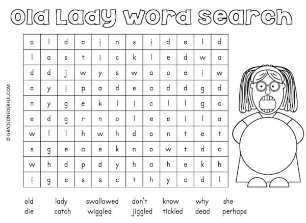 Picture of a word search to go along with There Was an Old Lady Who Swallowed books
