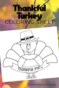 Turkey coloring sheet. Print what you're thankful for in the feathers. Free printable.