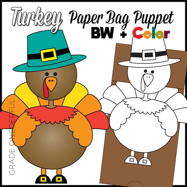 Color and black/white pictures of turkey paper bag puppet template