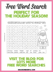 Free Christmas word search young kids will love. It's easy and has a super cute Santa to colour