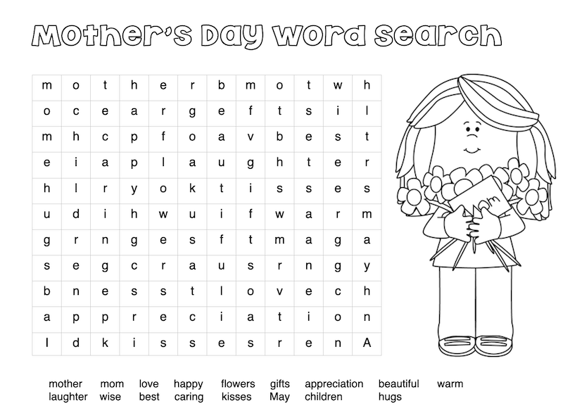 word search puzzle for mother's day with a pic of a little girl